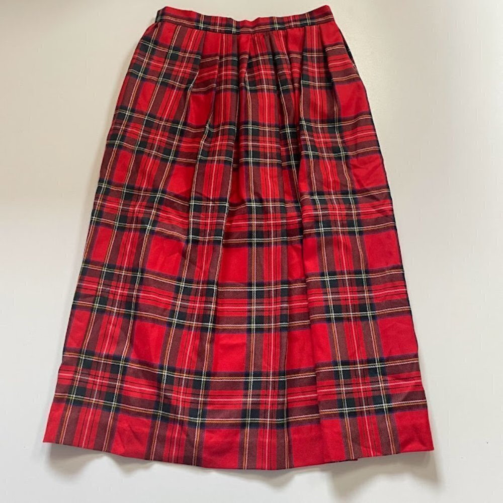 Vintage Land's End Tartan Plaid Midi Skirt 100% Wool Pleated Holiday Academia 8